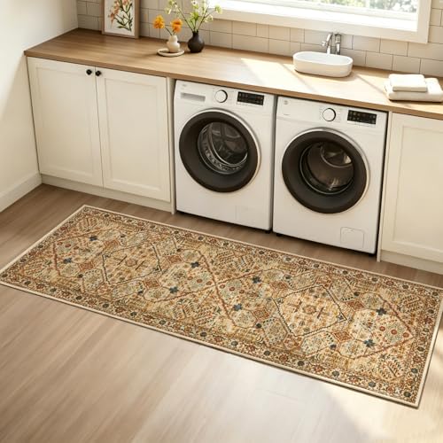 Joydeco Washable 2x5 Hallway Runner Rug Vintage, Tan | Water Resistant Low Pile Non Slip Backing for Kitchen Entryway Bedroom Bathroom Dining Room - color: Tan, size: 2' x 5' (Rectangular)