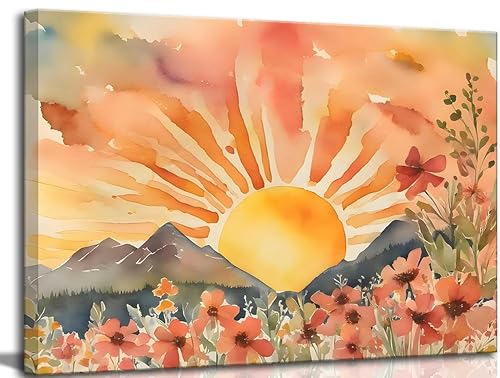 Boho Sun Canvas Wall art Mid-Century Modern Abstract Bohemian Sunset in The Mountains Watercolor Wildflowers Sunrise Landscape Picture Wall Decor Poster Print Artwork for Living Room Bedroom - color: Sunrise-Canvas, size: 16"L x 12"W
