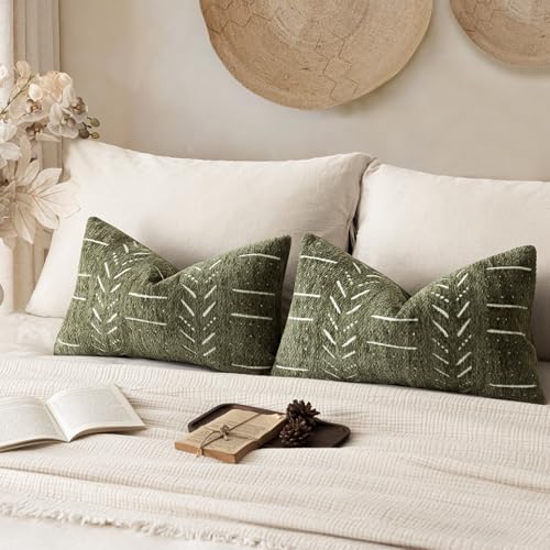 Home Décor Decorative Boho Chenille Throw Pillow Covers, Neutral Lumbar Cushion Covers,Textured Soft Farmhouse Pillowcase for Couch Sofa Chair Bed Living Room,12×20 Inch,Set of 2, Olive Green - color: Olive Green, size: 20" x 12" (Pack of 2)