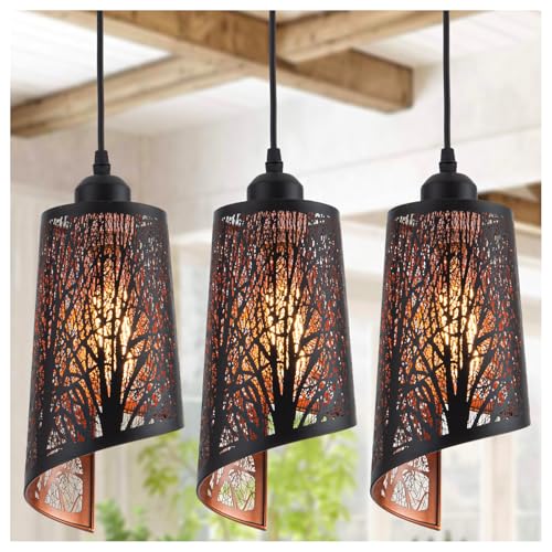 Industrial Black Pendant Light Fixture Vintage Mini Black Pendant Lighting with Gold Finish Rustic Hollow-Carved Small Pendant Light for Kitchen Island, Dining Room, Bedroom, 3 Pack - color: Black Gold 3-Pack