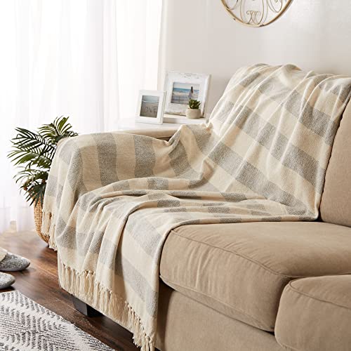 DII Rustic Farmhouse Cotton Cabana Striped Blanket Throw with Fringe, 50 x 60 - Cabana Striped Gray & Off-White - color: Gray & Off-white