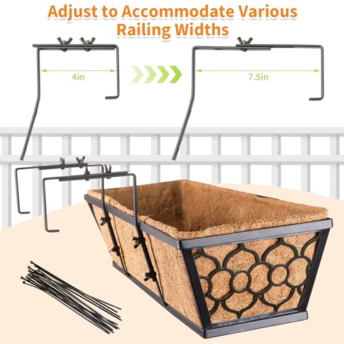 Riare 2 Pack 24 Inch Window Boxes Planters with Coco Liner, Metal Deck Railing Planter Boxes, Balcony Planters Railing Hanging, Horse Trough Window Flower Planter Boxes for Outdoor Porch Fence Patio - size: 24Inch