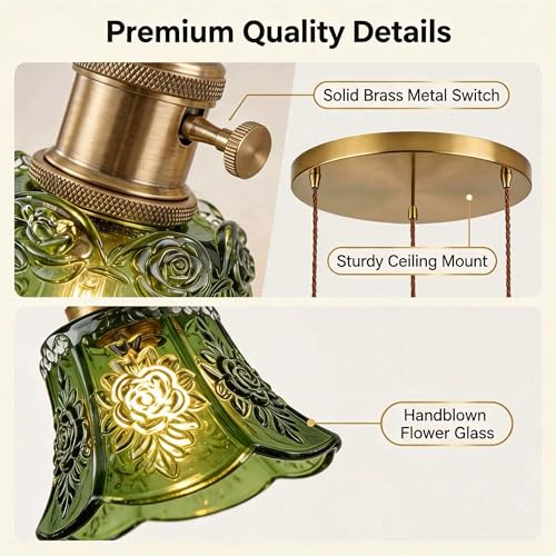 Green Wind Chime Glass Pendant Light, 3 Natural Light Bulbs Included, Adjustable Cord with Switch, Hanging Lamp for Kitchen Island/Dining Room - color: Green 3pcs Flower Pendant Light