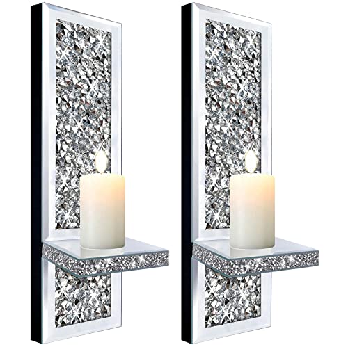 ZOLAPI Set of 2 Crystal Crush Diamond Candle Sconces, Gorgeous Silver Mirrored Wall Sconce, Candle Holder Glass Wall Decorations for Home Décor, Living Room, Dining Room. - color: Silver Mirror ①