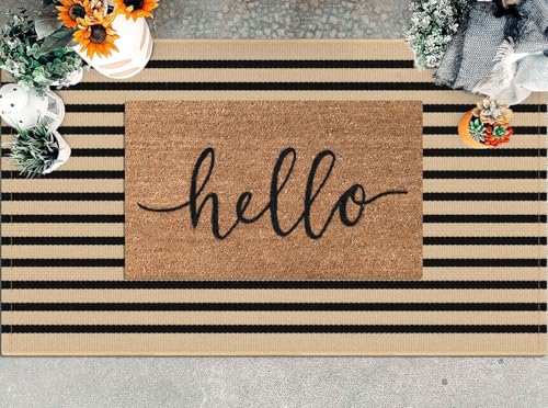 KILOCOCO Striped Rug 3'x5' Front Door Rug Woven Cotton Washable Stripe Layered Doormats Indoor Outdoor Door Mat for Front Porch/Kitchen/Farmhouse/Entryway/Patio, Brown - color: Brown and Black Stripes, size: 3' x 5' (Rectangular)