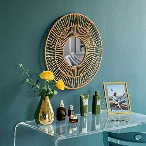 Vintiquewise Decorative Woven Paper Rope Round Shape Bamboo Wood Modern Hanging Wall Mirror - size: 2"L x 19"W