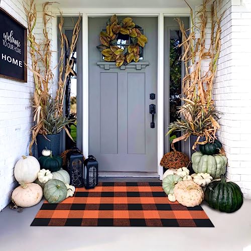 Orange and Black Plaid Rug, 28'' x 43'' Fall Outdoor Front Door Decor Mat, Cotton Washable Hand-Woven Rug for Layered Doormat, Autumn Halloween Thanksgiving Carpet for Porch, Entryway - color: Orange & Black Plaid, size: 2'4" x 3'7" (Rectangular)