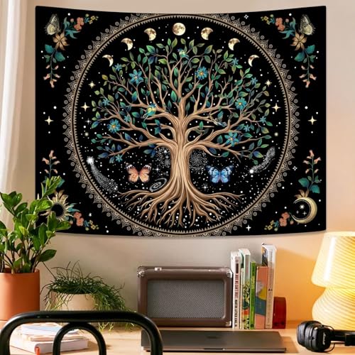 Lunerfex Tree of Life Tapastry Sun and Moon Tapastry Flower Boho Tree Mandala Wall Hanging for Bedroom and Living Room Decor Green Tree 36×48 Inches - color: Light Green, size: 48"L x 36"W
