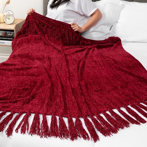 PAVILIA Burgundy Red Blanket for Couch, Twin Size Bed, Chenille Throw for Sofa Bed, Soft Knit Woven Maroon Blanket with Decorative Tassel for Living Room, Wine Red Twin 60x80 - color: Red, size: 60 X 80 Inches - Twin