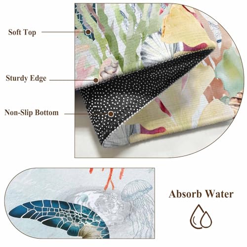 Sea Turtle 2x3 Small Rug for Entryway Kitchen Front Door,Vintage Watercolor Ocean Animals Colorful Corals Seaweed Blue Washable Throw Rug Absorbent Non-Slip Indoor Floor Mat for Kitchen Entrance Home - color: Blue, size: 2' x 3' (Rectangular)