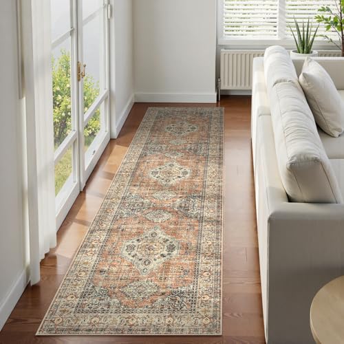 Lahome Oriental Washable Runner Rug Non Slip, 2x7 Rug Runners for Hallways Non Slip Vintage Ultra-Thin Soft Long Carpet for Kitchen Laundry Room Bedroom Eleanor, Peach/Orange - color: Terracotta, size: 2' x 7' (Runner)