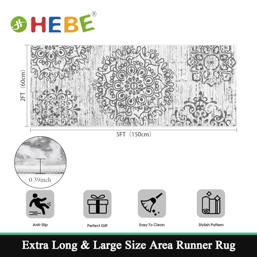 HEBE Hallway Runner Rug 2'x5' Washable Vintage Distressed Area Rugs Non Slip Laundry Rug Runner Boho Floor Carpet Runners for Hallways Entryway Laundry Room Kitchen Bathroom - color: Grey, size: 2' x 5' (Rectangular)