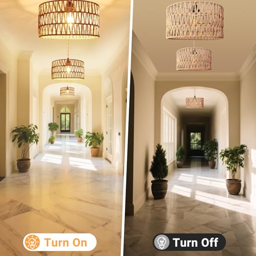 Hanging Light Ceiling Lamp Pendant Lights Rattan Hanging Lamp with Plug in Cord for Living Room Bedroom Kitchen Indoor Hanging Lamp Plug in Woven Lampshade - size: 12.6 Inch - Cylindrical Shade
