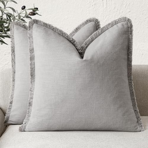 Foindtower Set of 2 Decorative Linen Fringe Throw Pillow Covers Cozy Farmhouse Cushion Cover with Tassels Accent Pillowcase for Couch Chair Sofa Bed Living Room Home Decor,16×16 Inch,Light Rustic Gray - color: Quiet Gray, size: 16" x 16" (Pack of 2)