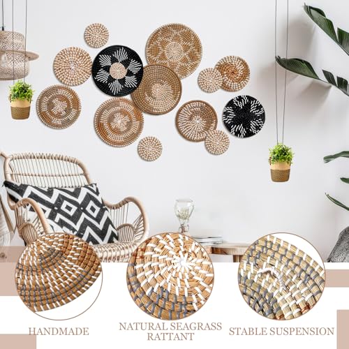 Xuhal 15 Pcs Boho Wall Basket Decor Handcrafted Seagrass Woven Wall Basket Rustic Round Woven Hanging Art for Home Farmhouse Kitchen Table Living Room (Dark Colors Style) - style: Dark Colors Style