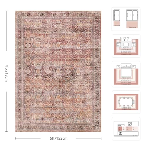 5x7 Area Rugs - Washable Vintage Retro Living Room Rug, Soft Ultra Thin Non Slip Low Pile Traditional Distressed Boho Carpet for Bedroom Dining Room Nursery Home Office, Vintage Iron Red - color: H-vintage Iron Red, size: 5x7
