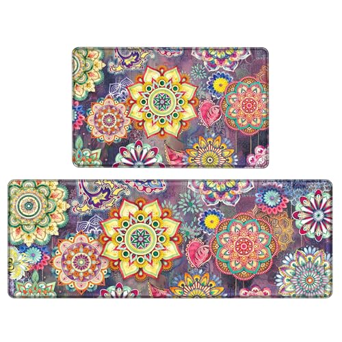 Boho Red Floral Kitchen Rugs Mats for Floor 2 Piece Memory Foam Padded Kitchen Mats Anti Fatigue Non Slip Cushioned Comfort Standing Mat, 17.3x28+17.3x47 Inch - color: Boho Red, size: 17.3"x28"+17.3"x47"-0.40Th[2PCS]