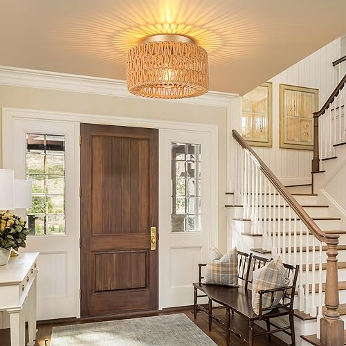 SineRise Rattan Ceiling Light Fixtures (12-Inch, LED Bulb Included), Hand-Woven Boho Flush Mount Ceiling Light, Rattan Chandelier for Hallway Kitchen Farmhouse Foyer Entryway Living Room(Gold) - color: Gold, size: Small