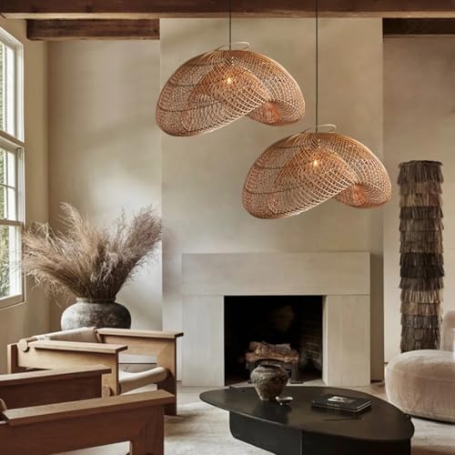 Organic Modern Bamboo Chandelier 19.7" Handmade Woven Wicker Pendant Light, Farmhouse Boho Rattan Light Fixture for Dining Room, Kitchen, Cafe, Bedroom Living Room - color: Bamboo, 19.7", 1-Light