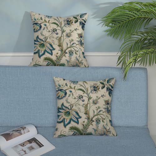 Sage Green Blue Pillow Covers 16x16 Inch 2 Pcs Spring Chinoiserie Floral Decor Throw Pillows Boho Vintage Flower Seasonal Outdoor Decoration Pillowcase Linen Cushion Cover for Couch Sofa Bed - color: Sage Green Blue Floral, size: 16" x 16" (Pack of 2)