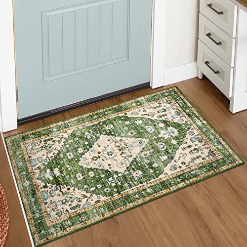 Lahome Felice Boho Tribal Area Rug, 2x3 Small Green Rug for Entryway, Soft Non Slip Washable Bathroom Mat Bohemian Low Pile Indoor Floor Door Carpet for Entryway Chair Bedroom Living Room, Green - color: Green, size: 2' x 3' (Rectangular)