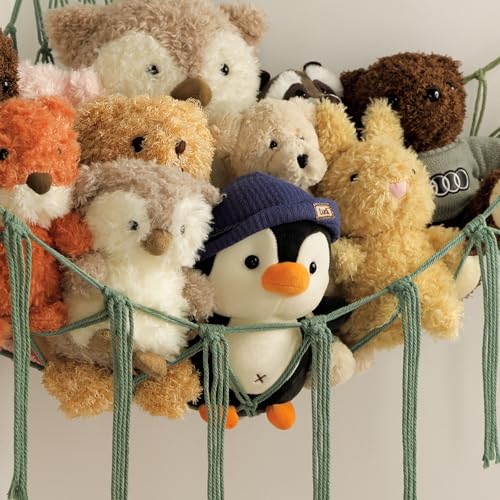 mirolam Stuffed Animal Hammock - Large Stuffed Animal Net Corner - Hanging Stuff Animal Storage Organizer For Plush Plushie Display Room Bedroom Boho Decor - color: Olive Green, size: Standard(41.5"L x 55.2"W x 41.5"H)