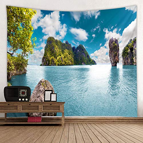 LYFANS Blue Lake Island Printed Fabric Tapestry Decorative Wall Art Tablecloth bedspread Picnic blanket Beach towel Bedroom Dormitory Living Room Multifunctional tapestry 79 x 59 inches - color: Blue Lake Water Island, size: 79x59inch