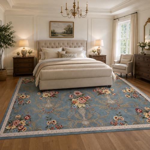 Helthep 5 * 7 Blue Floral Washable Rug, Vintage Area Rug with Non-Slip Backing, Soft Low Pile Floral for Living Room Bedroom Dining Room Home Office, Pet Friendly Easy Care Rug - color: Blue, size: 5' x 7' (Rectangular)