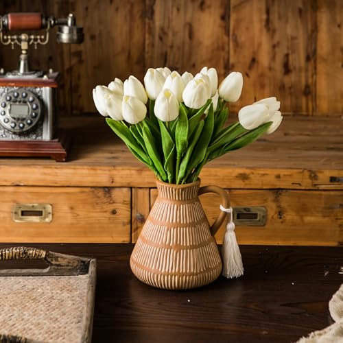 Mowtanco Rustic Farmhouse Vase with Handle and Tassel, Vertical Stripes Terracotta Pottery - Vintage Ceramic Clay for Home Décor, Shelf, Table, Bookshelf, Mantle, Entryway - color: Yellow - Tassel