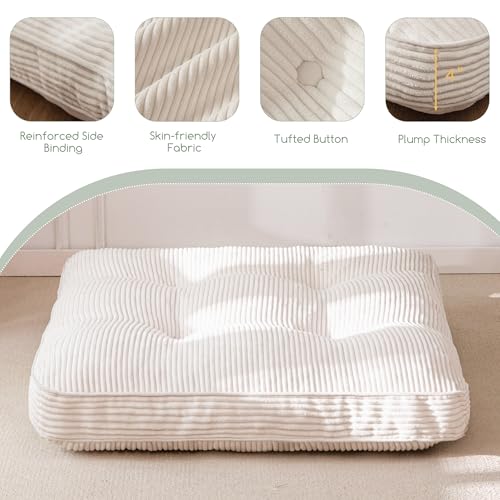 HIGOGOGO 35" Floor Pillow Cushion for Adults, Meditation Cushion Pillow, Extra Large Square Floor Sitting, Tufted Corduroy Cover for Tatami Living Room or Yoga, Beige - color: Beige, size: 4" Thick Square