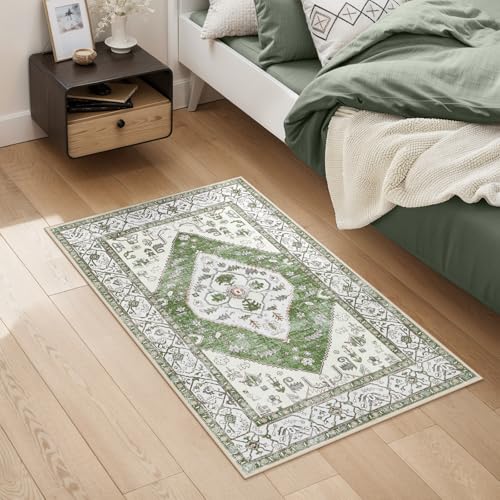 Lahome Boho Indoor Rugs for Entryway - 2x3 Area Rug Non-Slip Backing Washable Inside Door Mats Low-Profile Throw Rugs for Bathroom, Vintage Print Distressed Rug for Kitchen Bedside Adelyn Green - color: Green, size: 2' x 3' (Rectangular)