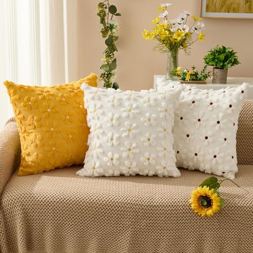 DFXSZ Spring Summer Pillow Covers 16x16 inch Set of 2 Farmhouse Decor Rust Color Flower Heart Daisy Soft Plush Faux Fur Jacquard Throw Pillows for Bedroom Sofa Holiday Spring Home Decor PTK024B16 - color: Rust White, size: 16" x 16" (Pack of 2)