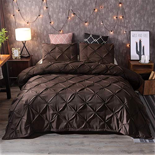 Feelyou Pinch Pleated Duvet Cover Set King 3 Pieces Pintuck Bedding Set Modern Geometric Pintuck Tufted Comforter Cover with 2 Pillow Shams Microfiber Bed Cover Solid Coffee Chic Decorative Zipper - color: Coffee, size: King
