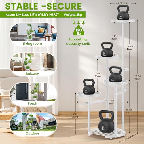 TOSKING 5-Tier Metal Plant Stand, Anti-Tip Round Base for Pots, Child & Pet Friendly, Space Saving Corner Shelf Flower Pot for Indoor Outdoor Use, Living Room Balcony Patio Garden (White, 38in) - color: White, size: 5tier Rd Base
