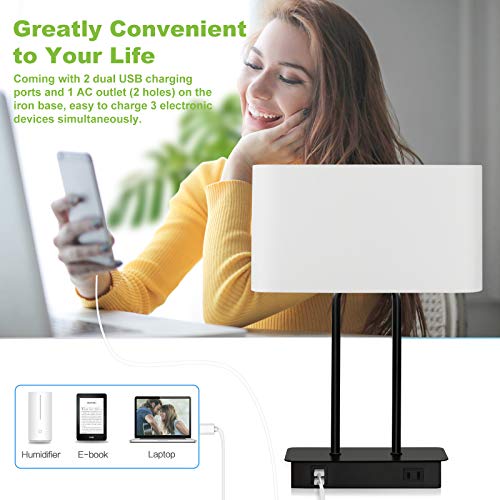 Bedside Touch Control Table Lamp with Dual USB Charging Ports 1 AC Outlet, 3 Way Dimmable Modern Nightstand Lamp with White Fabric Shade, Desk Lamp for Bedroom Living Room Office with 5000K LED Bulb - color: White