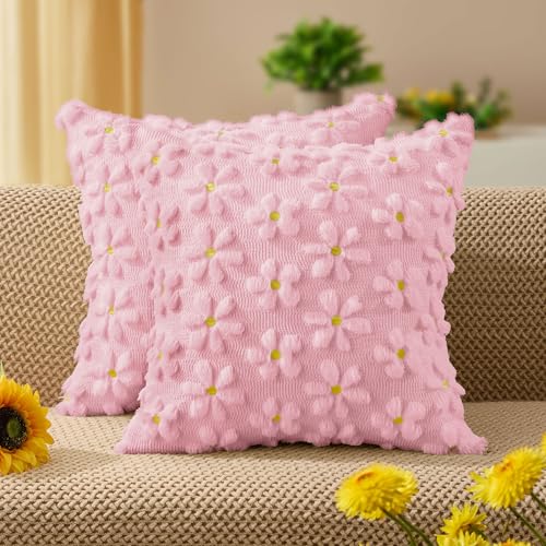 DFXSZ Spring Summer Pillow Covers 18x18 inch Set of 2 Farmhouse Decor Yellow Flower Heart Daisy Soft Plush Faux Fur Jacquard Throw Pillows for Bedroom Sofa Holiday Spring Summer Home Decor PTK024AP18 - color: Pink Daisy, size: 18" x 18" (Pack of 2)