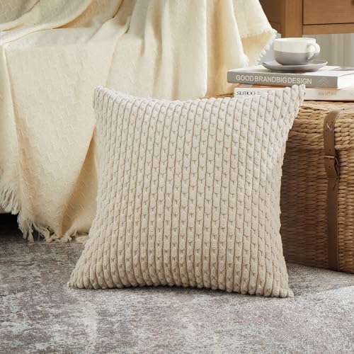 Fancy Homi 2 Packs Tan Decorative Throw Pillow Covers 18x18 Inch for Couch Bed Sofa, Modern Farmhouse Boho Home Decor, Soft Cute Plush Corduroy Beige Cushion Case 45x45 CM - color: Tan, size: 18" x 18" (Pack of 2)