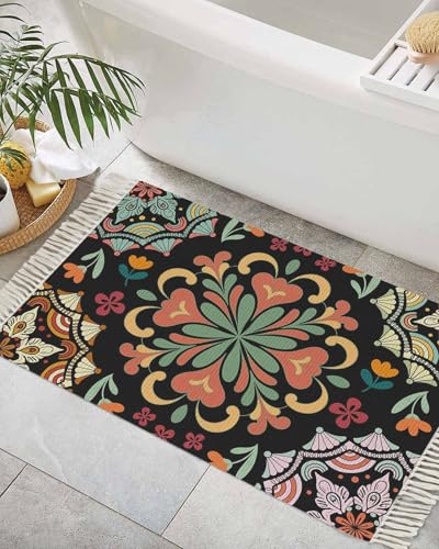 Black Boho Bathroom Rug 2' x 3', Ethnic Country Colorful Abstract Floral Motifs Low Profile Front Entryway Rug with Tassels, Woven Cotton Washable Kitchen Mat Carpet for Foyer Bedroom Back Door Decor - color: Multicolor Black, size: 2' x 3' (Rectangular)