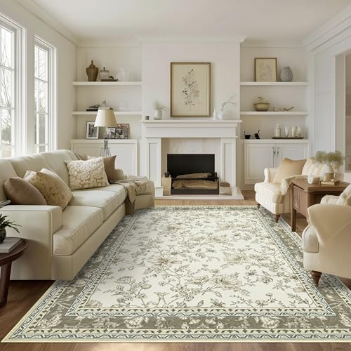 Greyish Beige Floral Rug 5x7 Machine Washable Area Rug for Living Room Vintage Boho Farmhouse Low Pile Distressed Carpet for Dining Room, Bedroom Indoor Non-Slip Tan Taupe Flower Design Home Decor - color: Sketch Floral Cool Beige, size: 5' x 7' (Rectangu