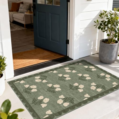 Floral Outdoor Rug - 28" x 43" Front Door Mat Indoor Outside Entrance Non-Slip Washable Outdoor Mat Sage Green Spring Scalloped Rug for Entryway Kitchen Bedroom Layered Doormat for Front Porch - color: Flower - Green, size: 2'4" x 3'7" (Rectangular)
