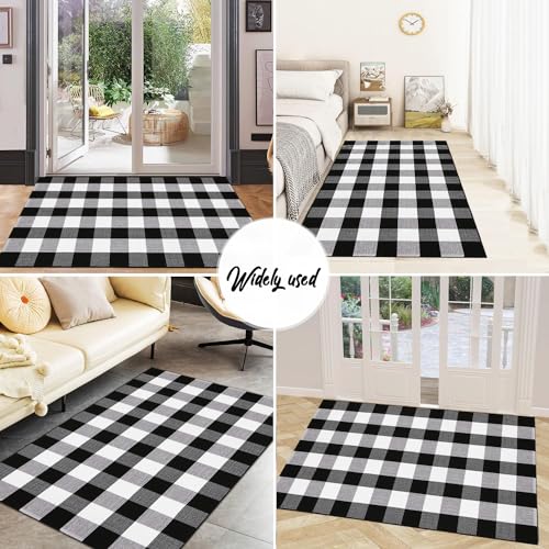 Buffalo Plaid Rug 3'x5' Black and White Checkered Rug Front Door Mat Outdoor Cotton Washable Front Porch Rug Layered Doormats for Front Porch/Farmhouse/Entryway - size: 3'x 5'