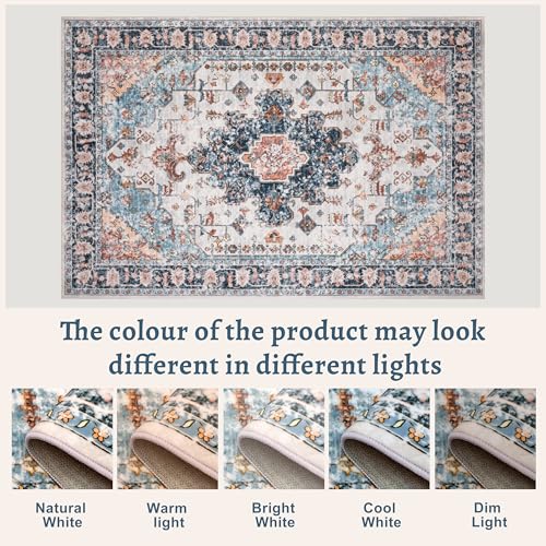 Tangsoo Vintage Rug 2x3 Washable Rug for Entryway, Non Slip Small, Indoor Front Door, Print Distressed Blue/Beige Door Mat Carpet, Soft Low Pile Rugs for Entrance Kitchen Bedroom Bathroom - color: Blue/Orange, size: 2' X 3' (Rectangular)