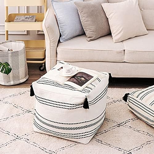 MOCOFO Boho Square Pouf Cover Unstuffed – Tufted Woven Ottoman Footstool with Corner Tassels, Storage Bean Bag Floor Cushion for Living Room Bedroom, 18"x18"x16" (Cover Only) - color: Black, size: 16"D x 18"W x 18"H