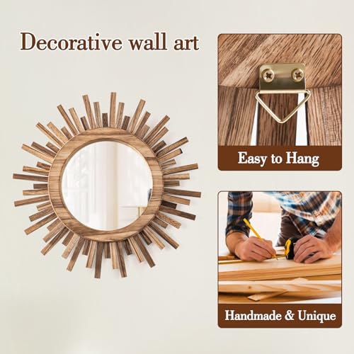 12 Inch Boho Sunburst Mirror, Round Wooden Wall Decor Starburst Sun Mirror for Bedroom, Living Room, Bathroom, Hallway, Balcony, Farmhouse Entryway, Housewarming Gift（Rustic Brown - color: Wood Color, size: 12"L x 12"W