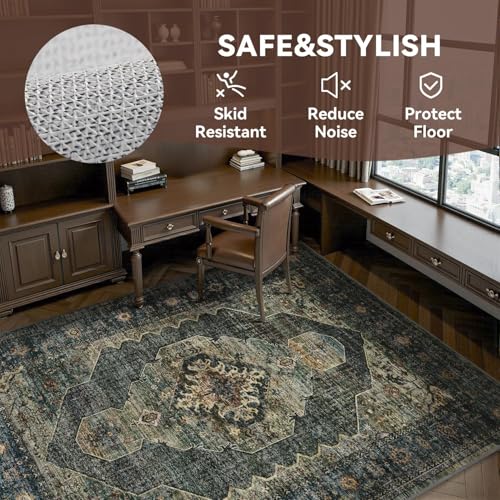Engiw Olive Green 8x10 Area Rugs for Living Room Bedroom Rug Washable Vintage Neutral Farmhouse Rug Carpet Dining Room Rugs Office Retro Oriental Easy Clean Non Slip Large - color: Dark Green/Olive, size: 8' x 10' (Rectangular)