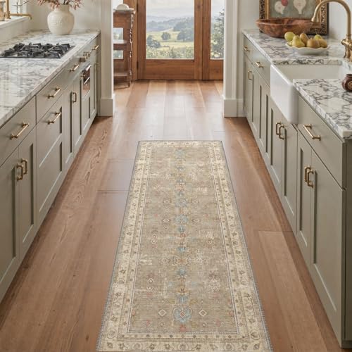 Bavni Kitchen Rug 2x5 Runner Rugs for Hallways Entryway, Washable Vintage Vintage Floral Carpet, Low Pile Lightweight Rug with Non Slip Backing, Warm Beige - color: Warm Beige, size: 2' x 5' (Rectangular)
