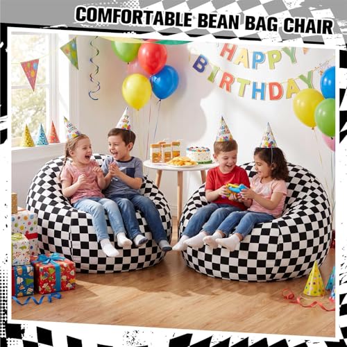 Boao 27'' Large Car Racing Kids Bean Bag Chairs Cover (No Filling) Washable Stuffed Animal Storage Beanbag Chair for Kids Canvas Bean Bag Cover with Zipper for Boys Organizing Plush Toys Textile Sack - color: Racing Flag, size: 27 Inches