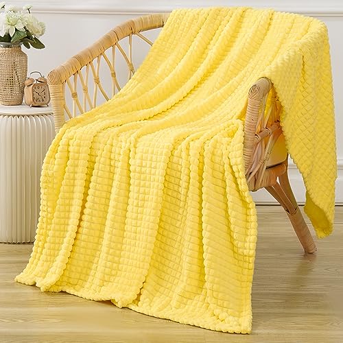 Puncuntex Yellow Throw Blanket 50"×60",Super Soft Flannel Fleece Plush Cozy Blanket with 3D Jacquard Square Grid Design Luxury for Couch Sofa Chair - color: Bright Yellow, size: 50"×60"