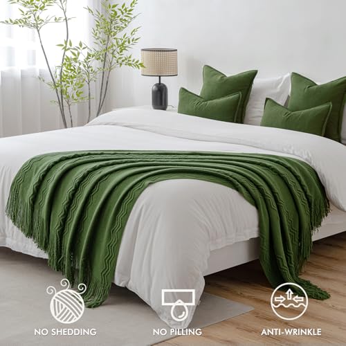 MIULEE Olive Green Knitted Throw Blanket for Couch Boho Textured Cozy Woven Blanket with Tassels for Sofa Chair Bed Living Room Spring Acrylic Wave Pattern 50"x60" - color: Olive Green, size: 50" x 60"