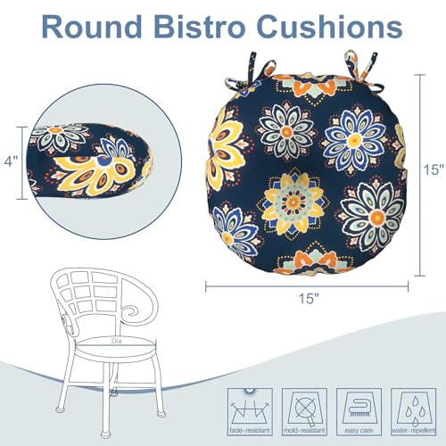 LVTXIII Outdoor Bistro Chair Cushions, 15"x15"x4" Round Patio Chair Cushions, All Weather Tufted Seat Cushions for Patio Furniture Use, Set of 2, Bloom Cobalt - color: Bloom Cobalt